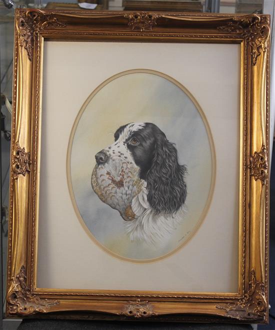 Jennifer A. Bell Labrador and Spaniel with game, ovals, 15 x 11in.